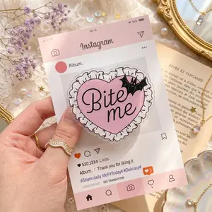 Bite Me Phone Grip, Pink Heart Acrylic Grip with Gothic Quote, Cute Spooky Phone Holder for Smartphones