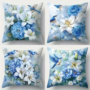 4pcs-Spring Themed Throw Pillow Covers,   Lily and Peony Pattern Design, Home Decor for Living Room Sofa and Bedroom, Suitable for Spring and all Seasons Decoration, 2D Flat, Single Sided Printing, No Pillow Core