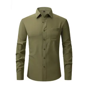 Men's Slim Fit Olive Green Dress Shirt - Elegant Long Sleeve, Polyester Blend, Button-Up with Chest Pocket, Ideal for Formal and Semi-Formal Occasions, Shirt|Elegant Style|Smooth Texture