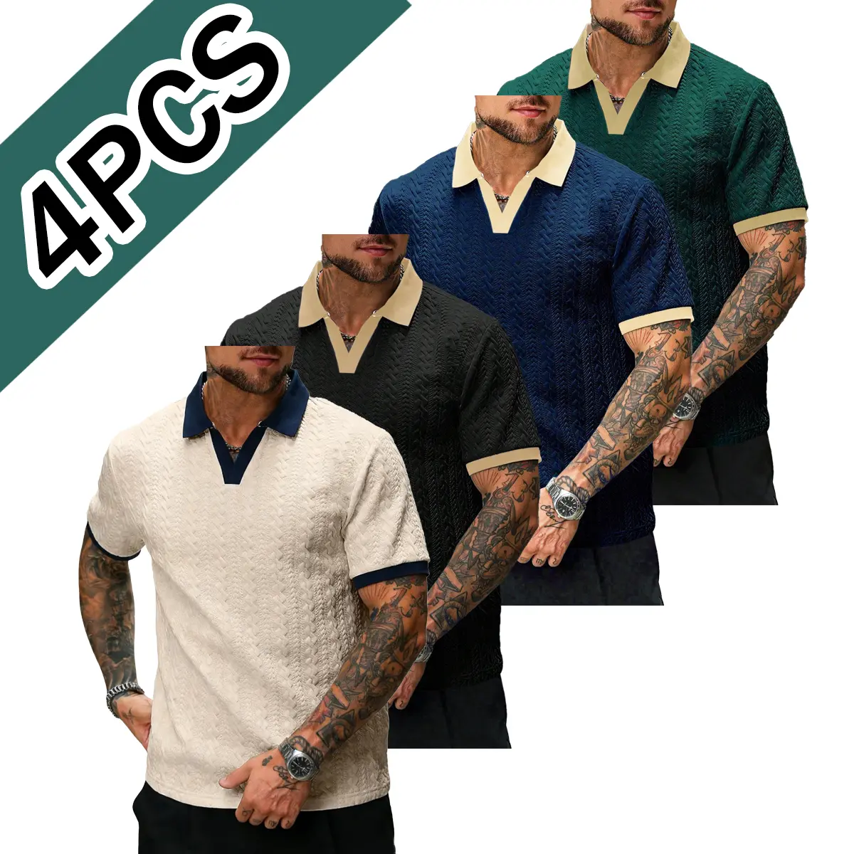Men’s 4-pack polo shirts, casual men’s polos, color-block basic design, versatile and practical, men’s golf sportswear suitable for everyday wear, jacquard fabric, Menswear, Classic tiktokshopspringglowup