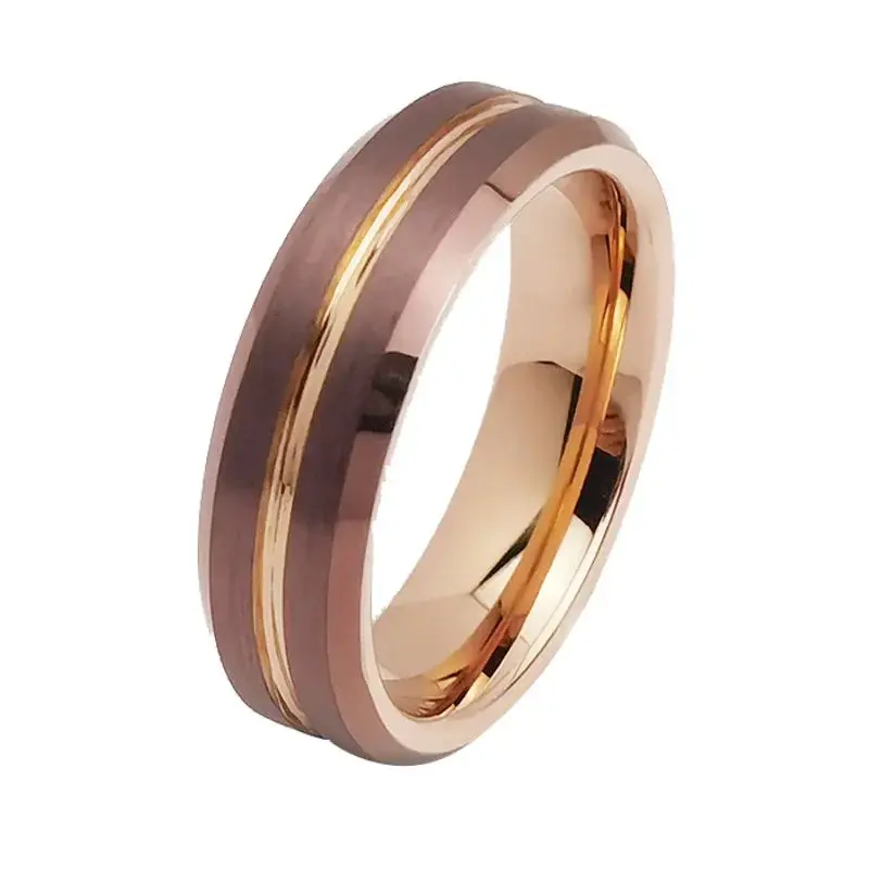 Tigrade 6mm Tungsten Rose Gold Brushed / Gold Inner & Grooved Center