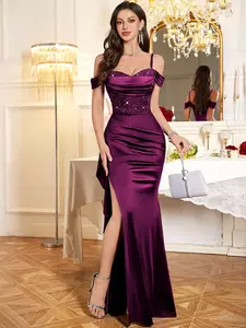 MIUSOL 55814A Sequin Floral Lace Off Shoulder Ruffle Trim Split Thigh Satin Evening Party Long Dress, Elegant Women Dress, For Wedding Guest, Graduation, Dinner