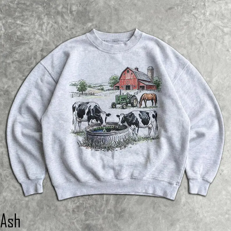 90s Farm Sweatshirt, Unisex Men & Women's Graphic Sweater, Vintage Nostalgia Crewneck, Western Country Pullover, Cow Horse Barn Sweater