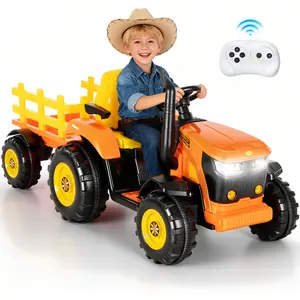 [Christmas Gift] PHI VILLA 24V Ride on Tractor, Electric Tractor for Kids' Motor Skill Development,  2-in-1 Tractor with Detachable Trailer and Loader, Shock Absorption, Remote Control, Ideal for Kids 3+ years old