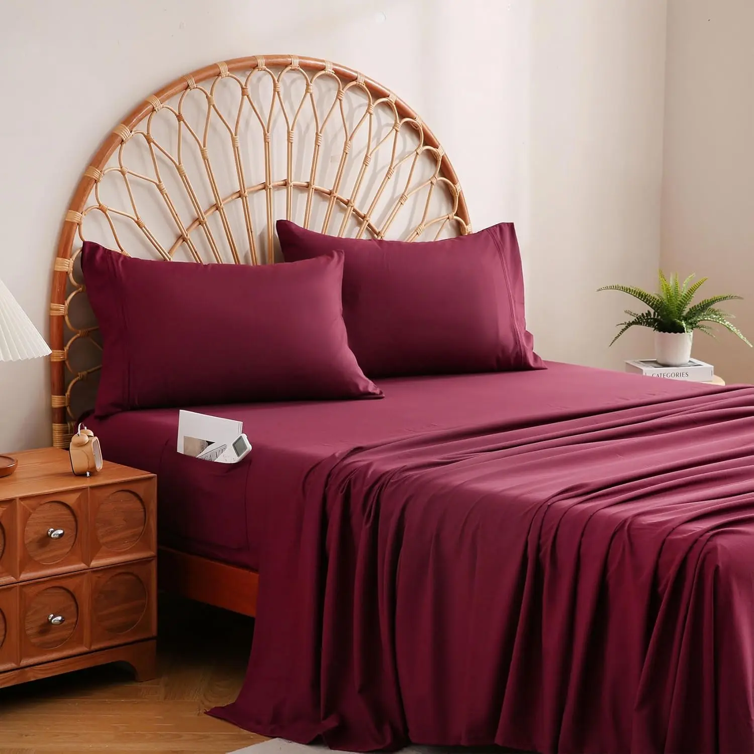 Burgundy  Sheet Set with Side Pocket Corner Straps, 4 count Soft Microfiber Bed Sheets Extra Deep Pocket
