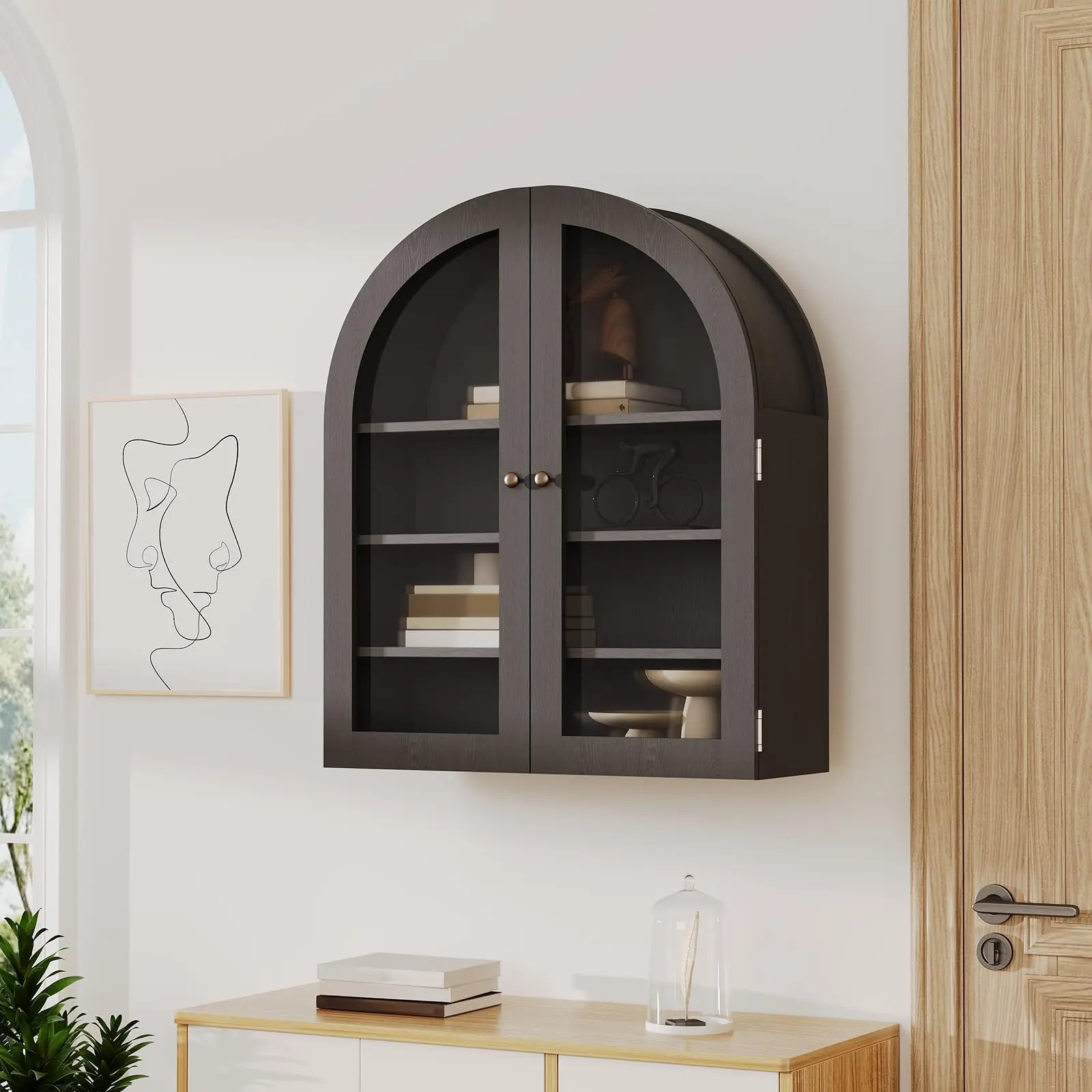 Arched Wall Cabinet, Medicine Bathroom Wall Cabinet with Arched Top Acrylic Door & Adjustable Shelves, Wall Mounted Storage Organizer for Kitchens, Living Room, Black/Wood