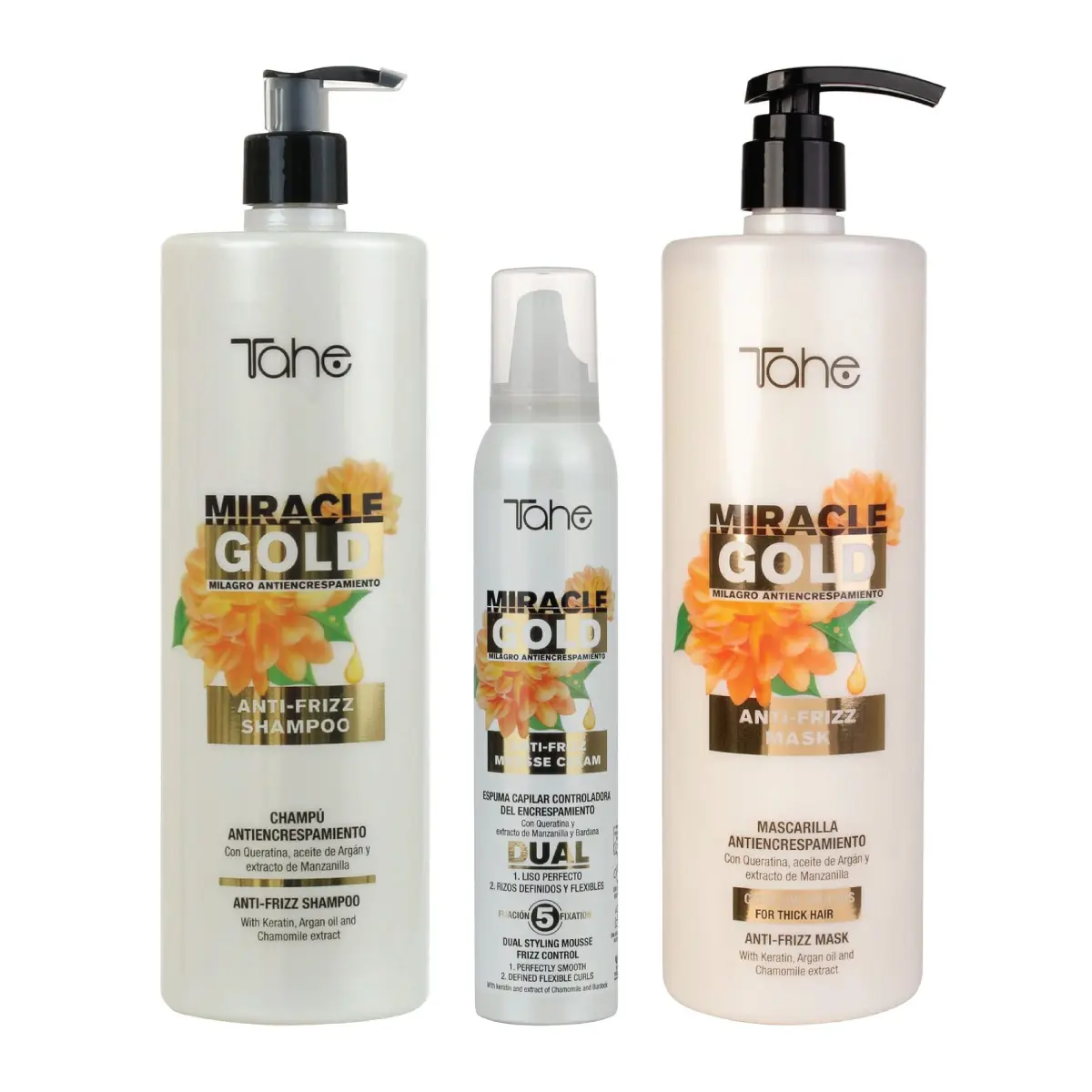 Tahe Miracle Gold Frizz Control Big Kit - Shampoo 1000ml, Mask 1000ml, Dual Styling Mousse 200ml, Vegan Formula, Anti-frizz & Taming Frizz Solutions