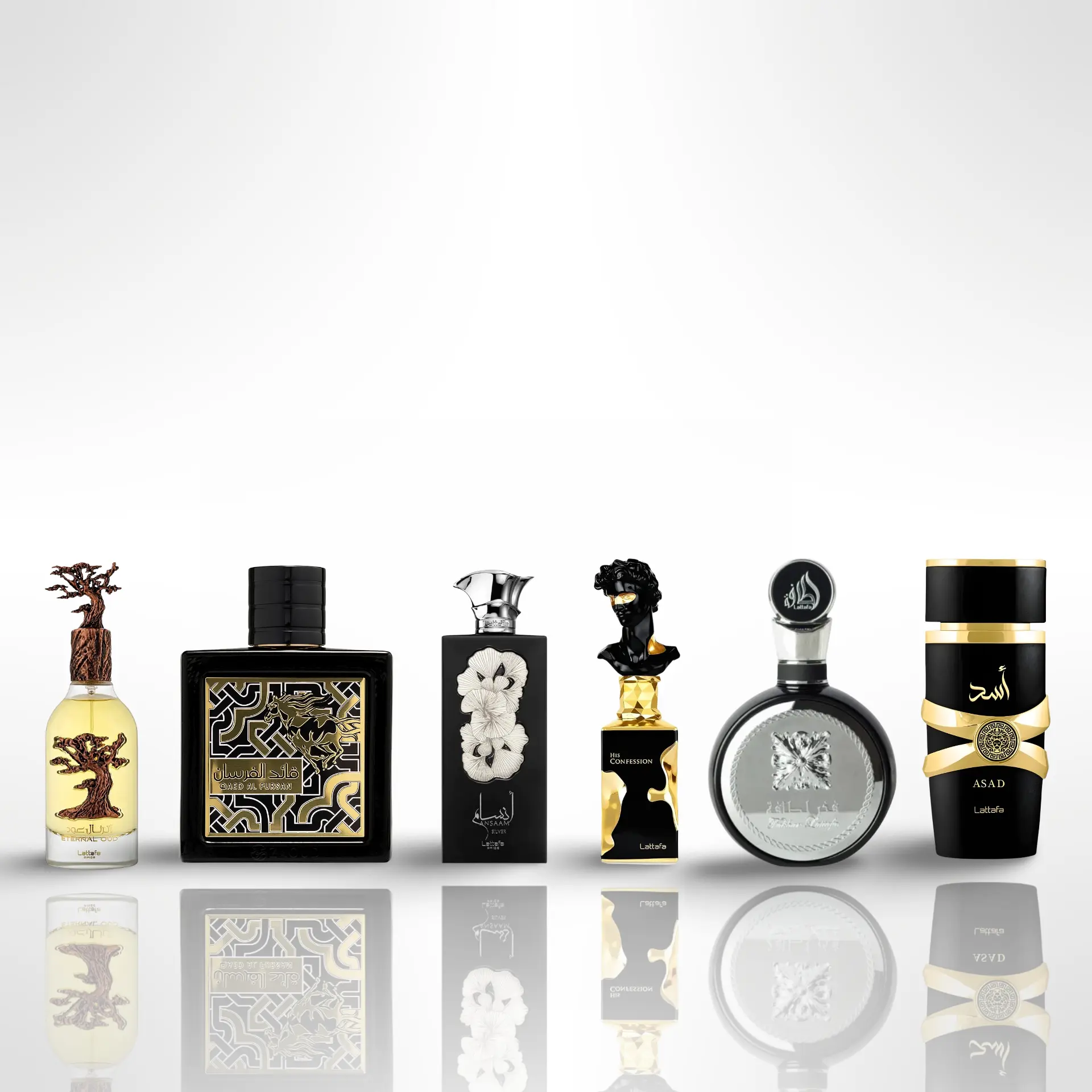 Lattafa Arabian Fragrance EDP Multi-Pack Gift Bundle - 6 Male 100ml/3.4oz Non-Alcoholic Bottled Intense Fragrance Sets (Eternal Oud, Qaed Al Fursan, Ansam Silver, His Confession, Fakhar Lattafa, Asad) with Woody, Earthy Scents