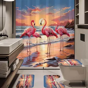 1/4pc Flamingo pattern bathroom set under sunset, The 4-piece set includes a single shower curtain, anti slip floor mat, toilet U-shaped mat, toilet lid mat, with shower curtain hook, and belongs to bathroom decoration products