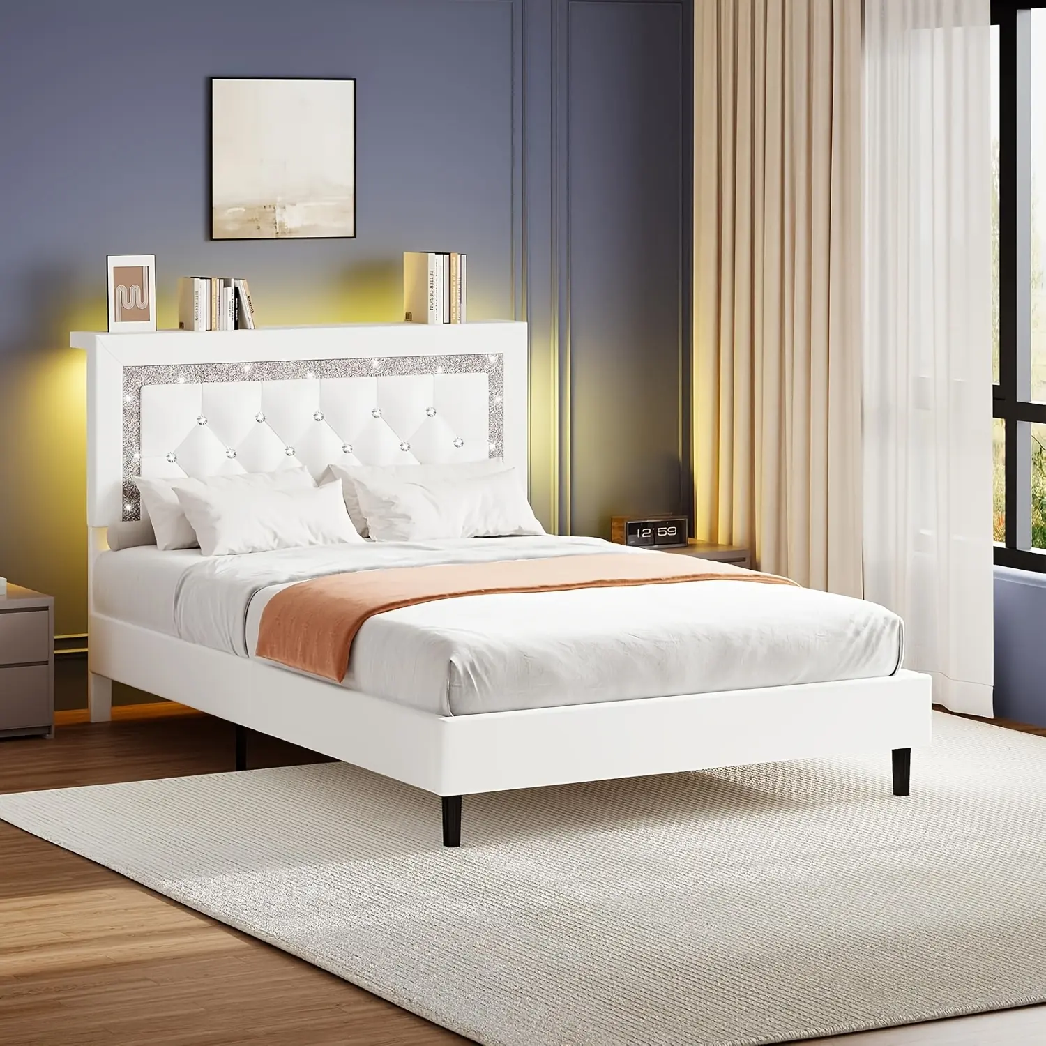 [DealsForYouDays][Summerwins] HOMBCK Twin Full Queen King Size Bed Frame with Storage Headboard | Diamond Tufted, LED Lights, Wooden Slats Support, Noise Free, No Box Spring Needed, Easy Assembly, Black, Powered summer garden,fathers day gift ideas