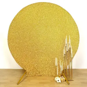 Gold Metallic Shimmer Tinsel Spandex Party Photo Backdrop, 2-Sided Round Wedding Arch Cover 7.5ft