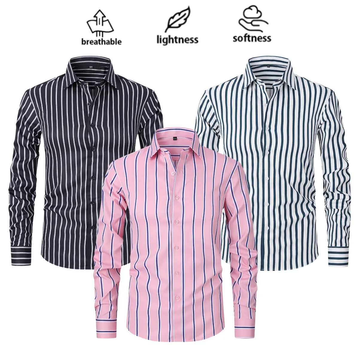 Men’s Striped Stylish Long-Sleeves Slim-Fit Menswear Shirt - Business Casual Wear for Day Commuter Versatile Top