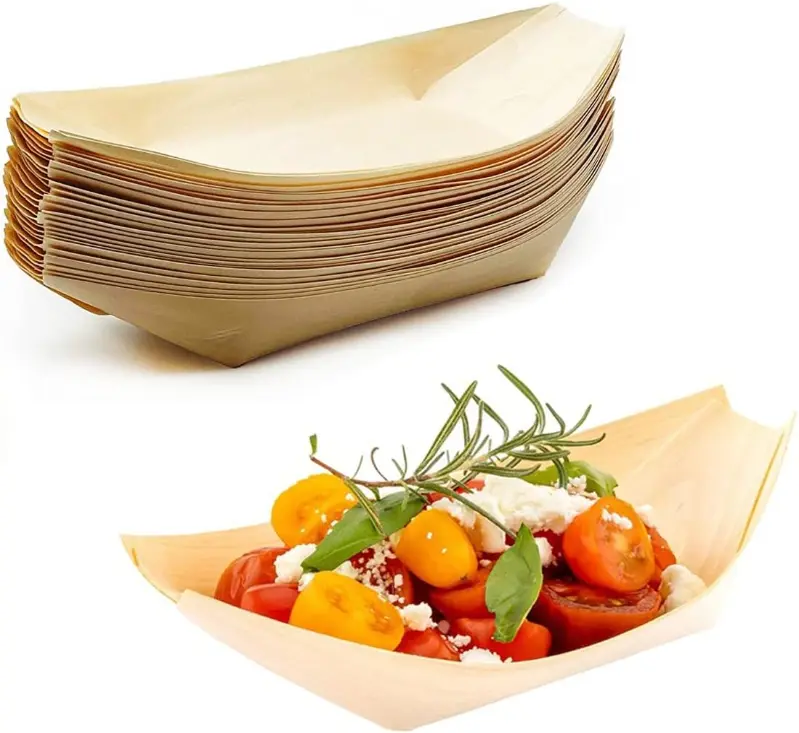 100pcs Disposable Wood Serving Boats Plates Trays, 6" Disposable Plates for Appetizer Sushi Dessert Buffet Hors d'oeuvres Serving Tray, Biodegradable and Compostable Bowls sohochic