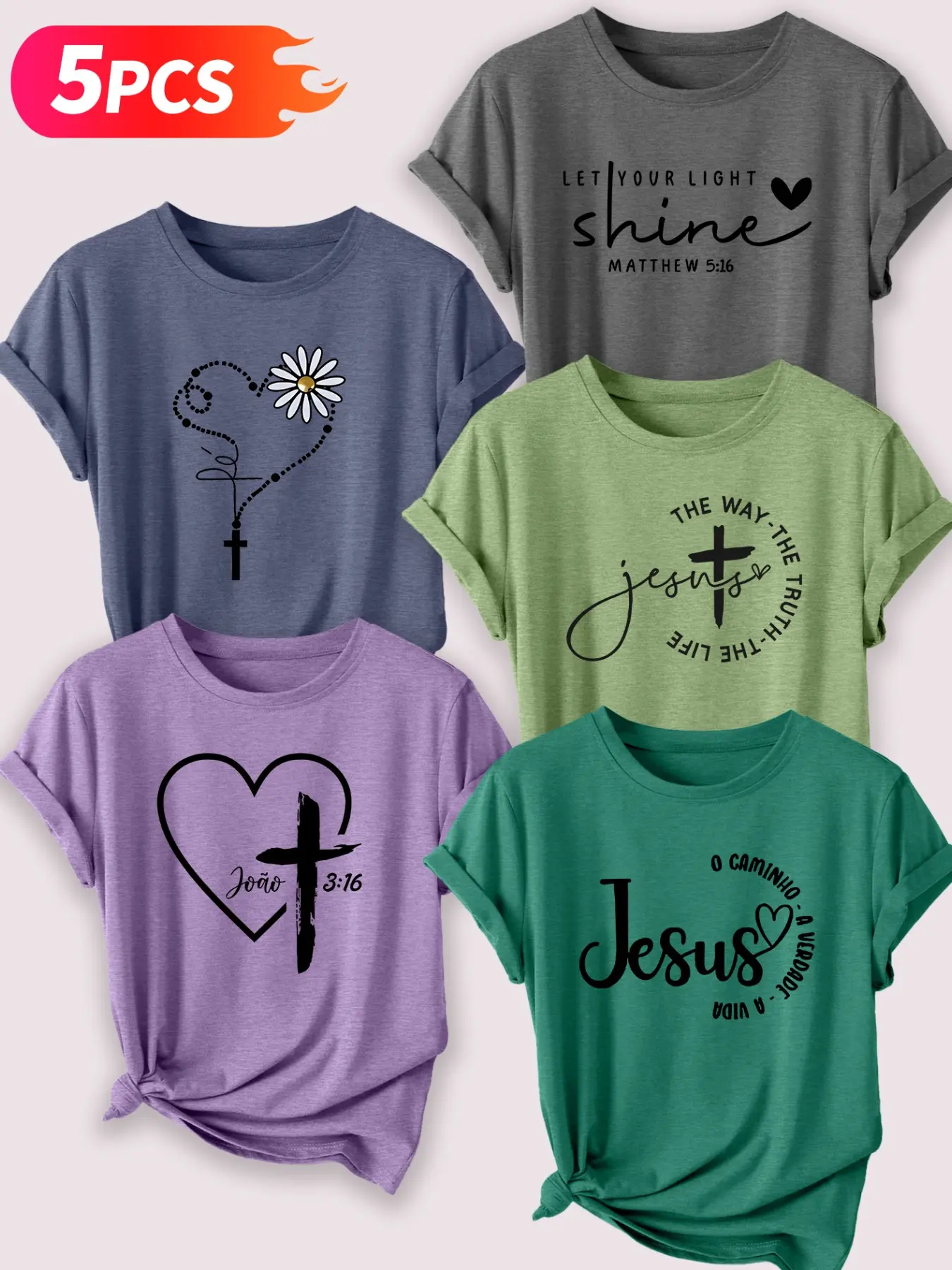 5 Pack Faith & Bible Print Floral Flower Fitted Round Neck T-shirts, Floral Graphic Tee, Classic Fashionable Casual Streetwear for All Seasons