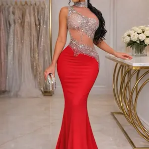S390246 red Diamond-Encrusted Fishtail Gown | Elegant Tunic with Rhinestone Details, Crew Neck, Perfect for All-Season Dinner Wear