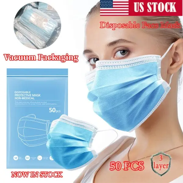 50 PCS Disposable Face Mask 3-Ply Non-Medical Vacuum Packaged for Adults Healthcare Protection US Stock