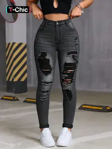 Women's Trendy Fashion Ripped Denim Jean High Stretch Comfortable Fitted Slim Fit High Waisted High Rise Jeans Pants, Casual Young Style Long Trousers for All Seasons
