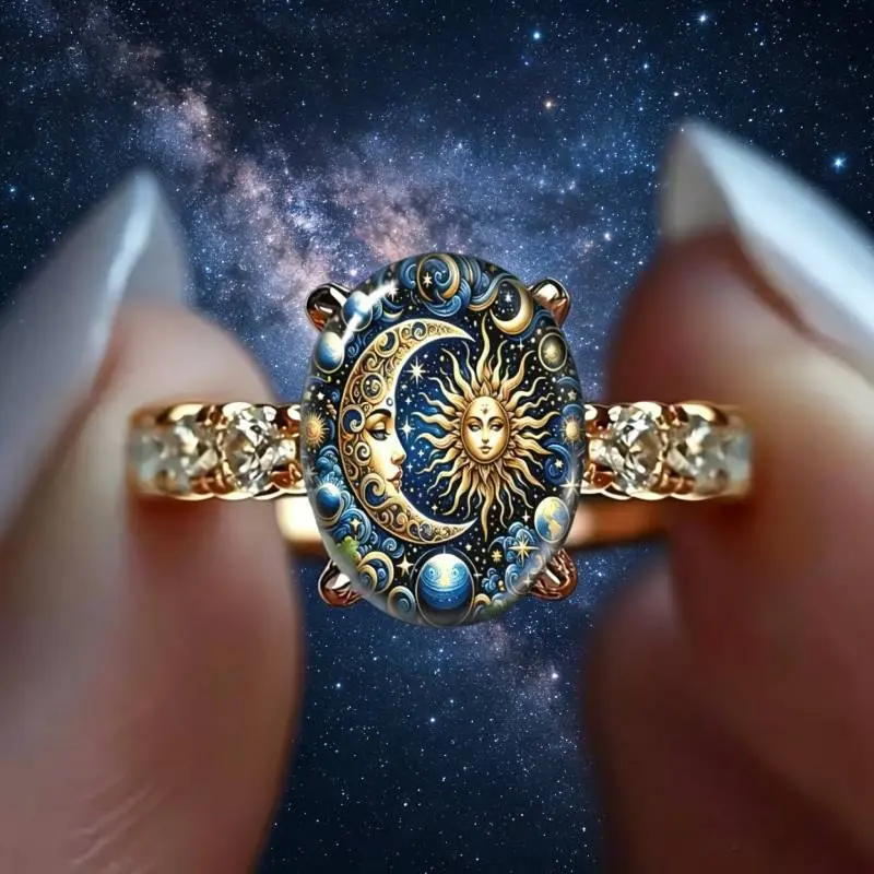 September Laurel  Sun & Moon Celestial Enamel Gold Ring, Mystical Cosmic Design, Perfect for Everyday Wear, Dates, Travel & Anniversaries, Romantic Niche Gift for Girlfriends & BFFs