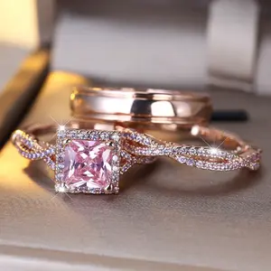 3-Piece Set Elegant Square Pink CZ Rings, Couple Engagement Style, Suitable for Daily & Banquet, Ideal Gift for Birthday, Valentine's Day & Wedding Cubic Zirconia Solitaire Sparkling Zircon Inlay