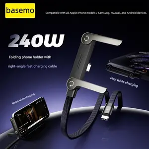 basemo Invisible Holder Charger Cable with Stand, 240w super fast charging 2-in-1 Fast Charging Cord & Phone Stand for Gaming, Office, Car Travel, Compatible with iPhone Samsung Type-C charging cable Black