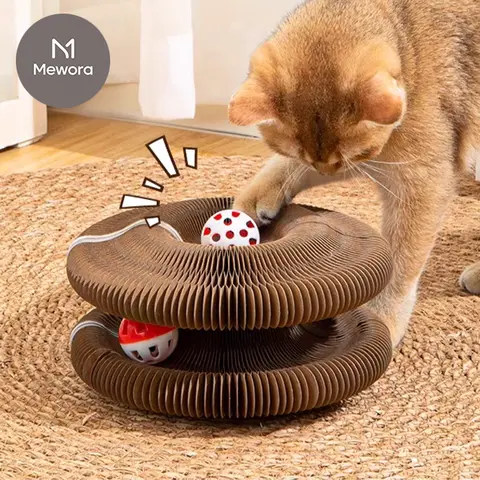 Cardboard Magnetic Cat Claw-Grind Pad with Retractable Ball - Compact Size, Ball-Play, Playful Scratching Pads, Safe Engaging Environment, Interactive Kitten Toy, Furniture Protector, Cat Lover Gift (Christmas, New Year), 1 Count