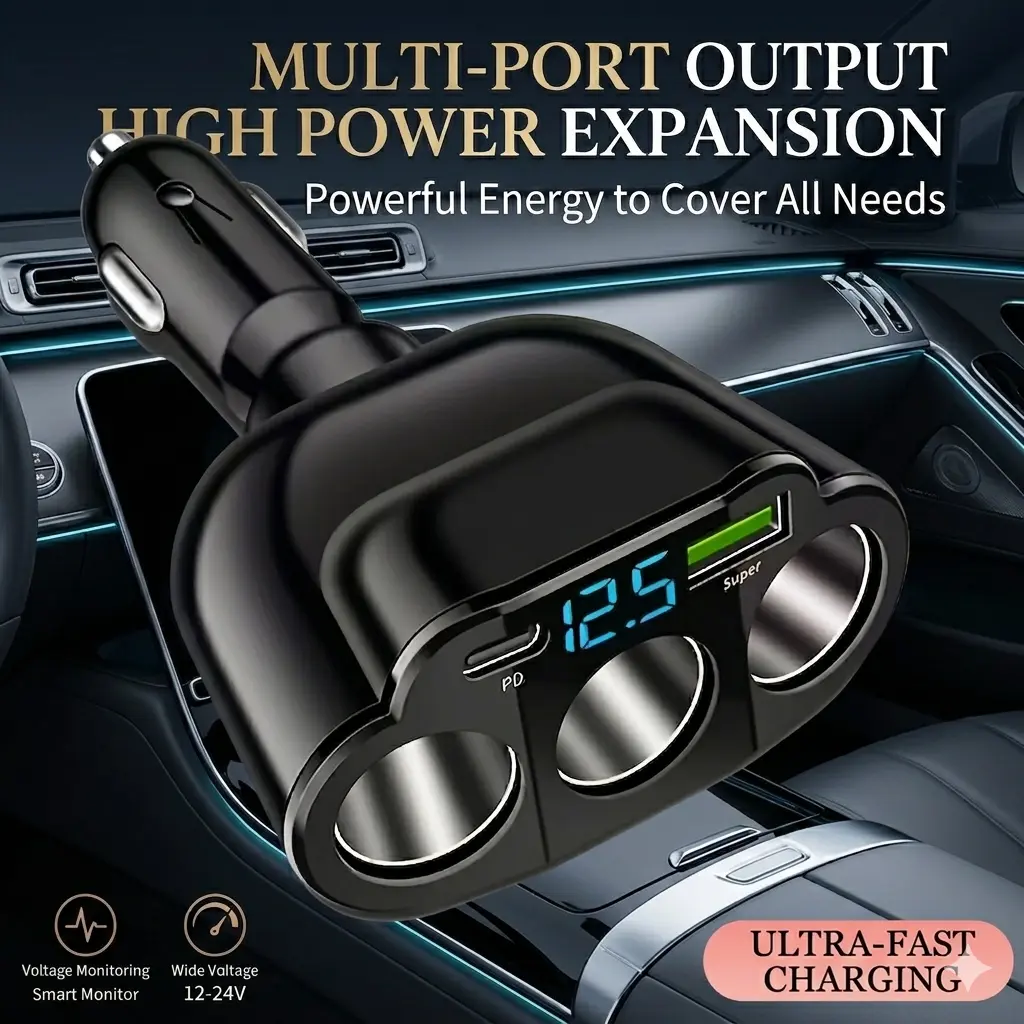 5-in-1 66W Super Fast Car Charger - 3 Sockets, Real-Time Voltage Display, USB Phone Adapter for 12V/24V Vehicles, Cars, Auto Parts Accessories