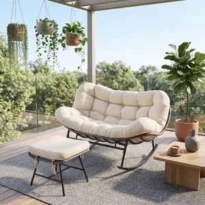 Outdoor Double Rocking Chair with Ottoman and Cushions for Porch, Patio and Backyard Relaxing