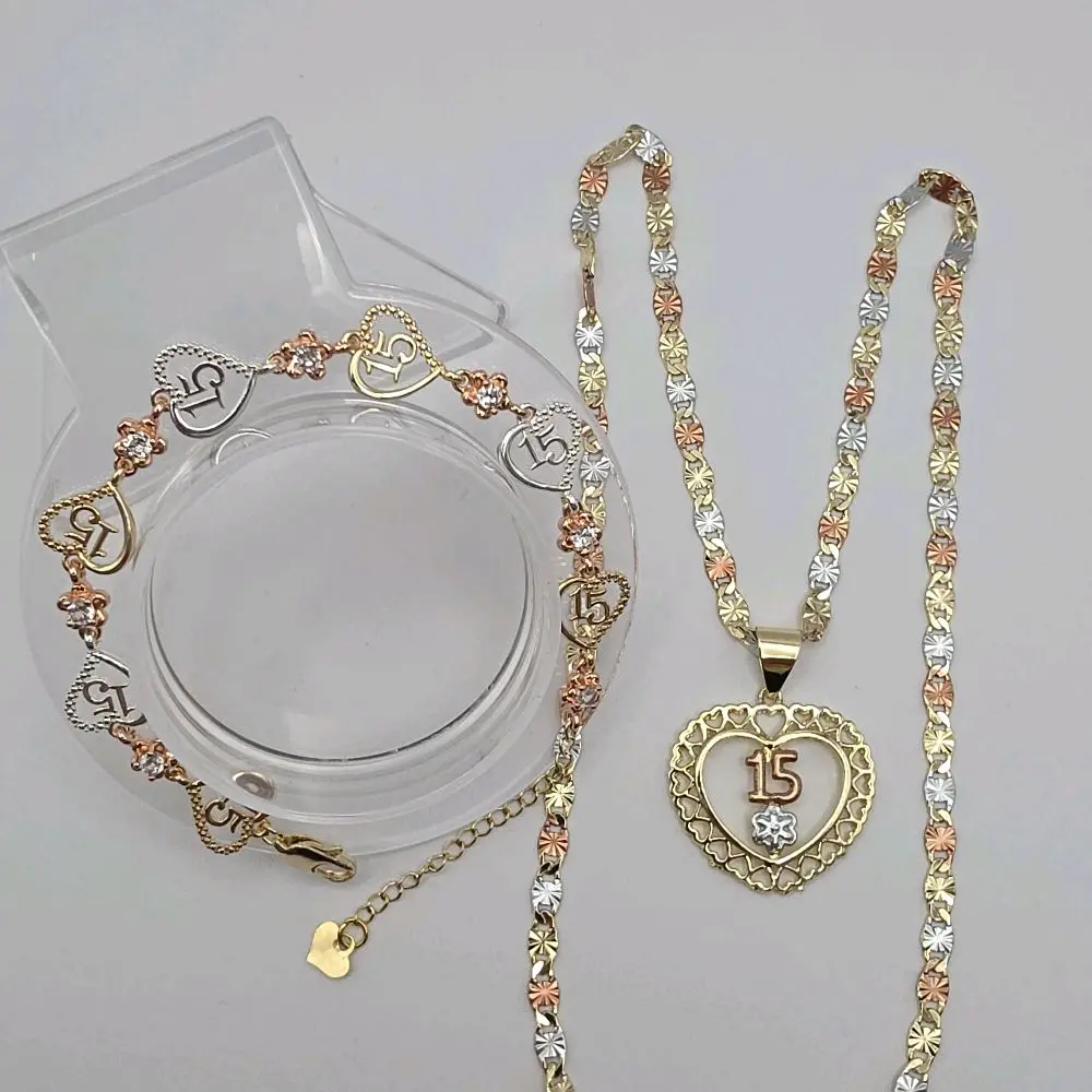 15th Year's Beautiful Heart & Flowers Necklace 20 Inches Gold-Plated Bracelet Set in Three Colors Jewelry Gift