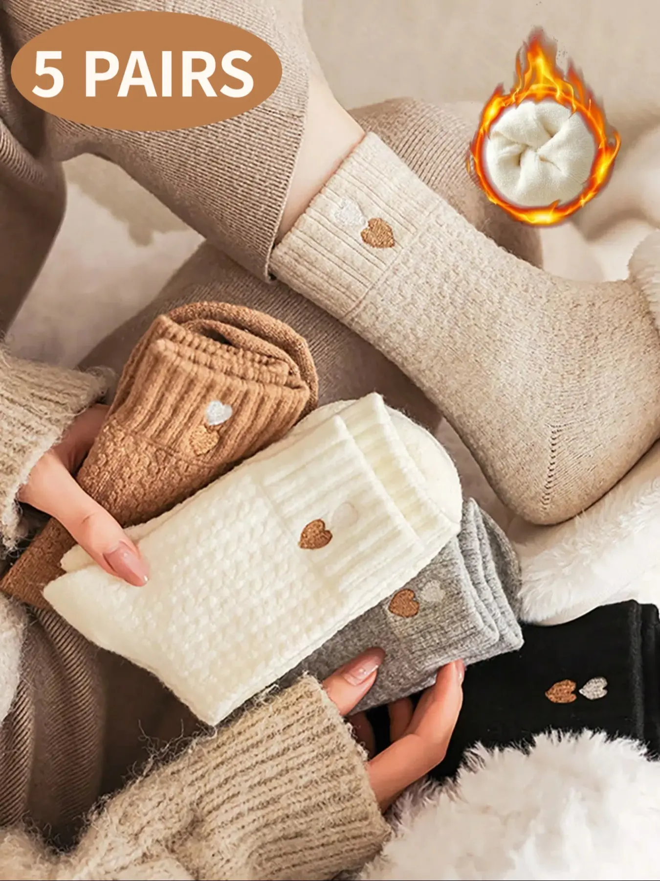 5/10 Double Ladies Thickened Thermal Comfortable Fitted Mid-Calf Socks, Plain Casual Socks Suitable for home, sports, and outdoor wear Ideal for autumn and winter wear Valentine's Day, Christmas, and New Year gifts