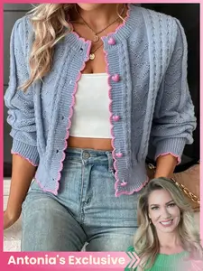 【Antonia's Exclusive】Women's Cute Heart Pattern Cable Knit Colorblock Sweater Cardigan, Spring/Autumn Long Sleeve Button Front Crew Neck Ruffle Trim Knitwear, Daily Casual Fashion Style Cozy Lightweight Fitted Cardigan Sweater, Ladies Fashion Knitwear