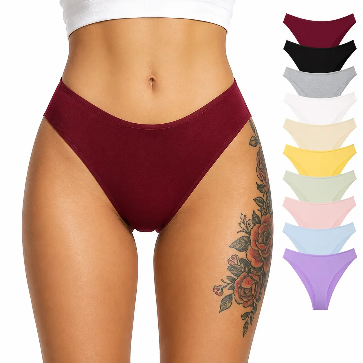 ORLAROY Women's 10-Pack Basic Cotton Blend Bikini Underwear - Low Rise, High Cut, Cheeky Hipster, Breathable, Soft, Stretchy, Everyday Comfortable Style, Solid Colors, Hand Wash Recommended