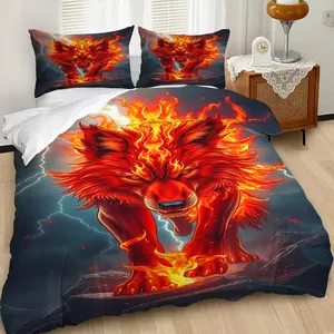 2/3Pcs Majestic Fire Wolf Duvet Cover Set, Bold and Striking Bedding Set with Stunning Flame Design,Perfect for Transforming Your Bedroom into a Mythical Realm, Includes 1 or 2 Pillowcase - No filling/Zipper Closure