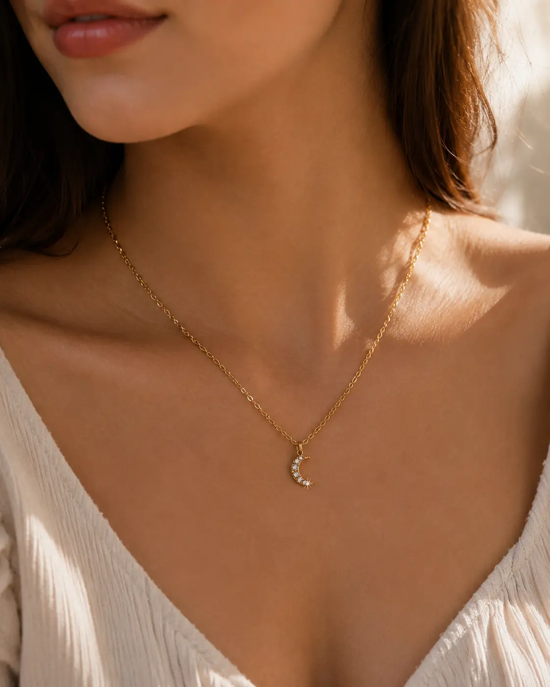 Gold Crescent Moon Crystal Necklace