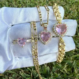 Heart Jewlery Sets Ring Necklace and Bracelet Choose Your Color Gold-Tone Pink Heart Design Fashion Jewelry Collection