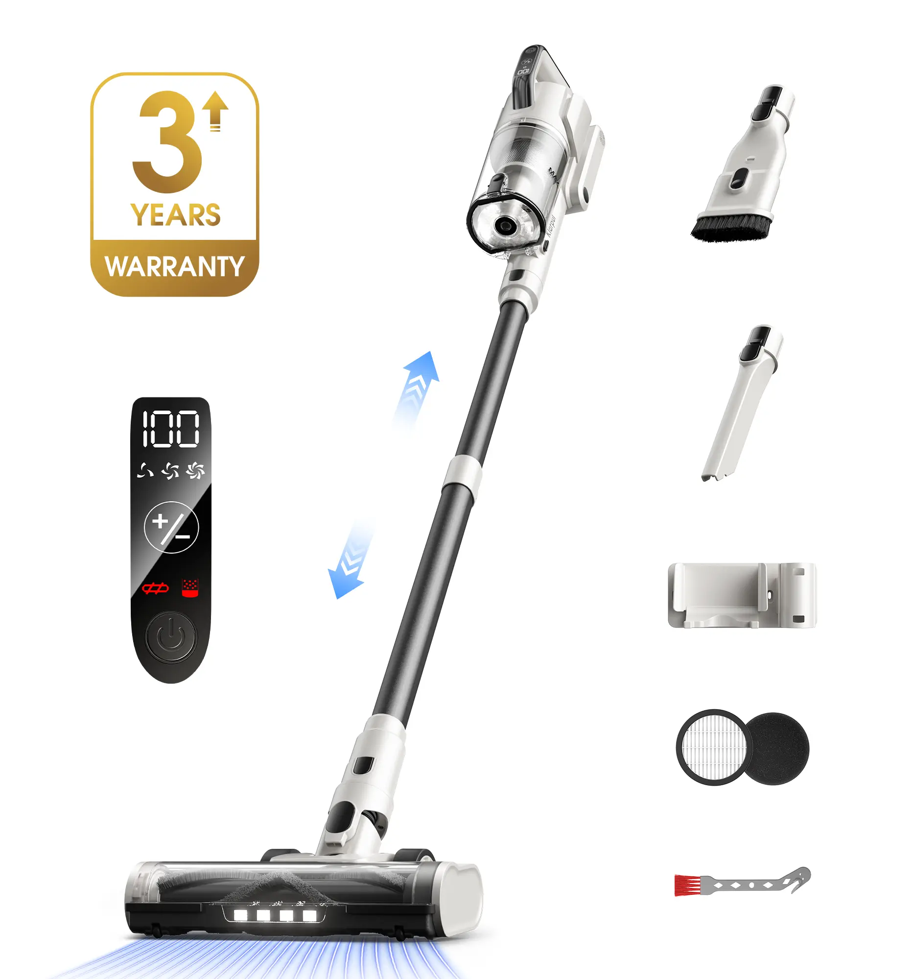 50Kpa Cordless Vacuum Cleaner 600W 60 Mins Runtime 2.5H Fast Charging Self-Standing LED Light Touch Screen Stick Vacuum for Home Light Weight,for Pet Hair/Carpet/Floor, White