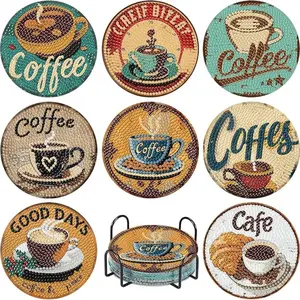 8-Piece Diamond Embroidery Coaster Set Coffee Pattern (with Stand), DIY Diamond Painting Art Craft Kit for Beginners, Home Decor Gift, Diamond Painting Kits