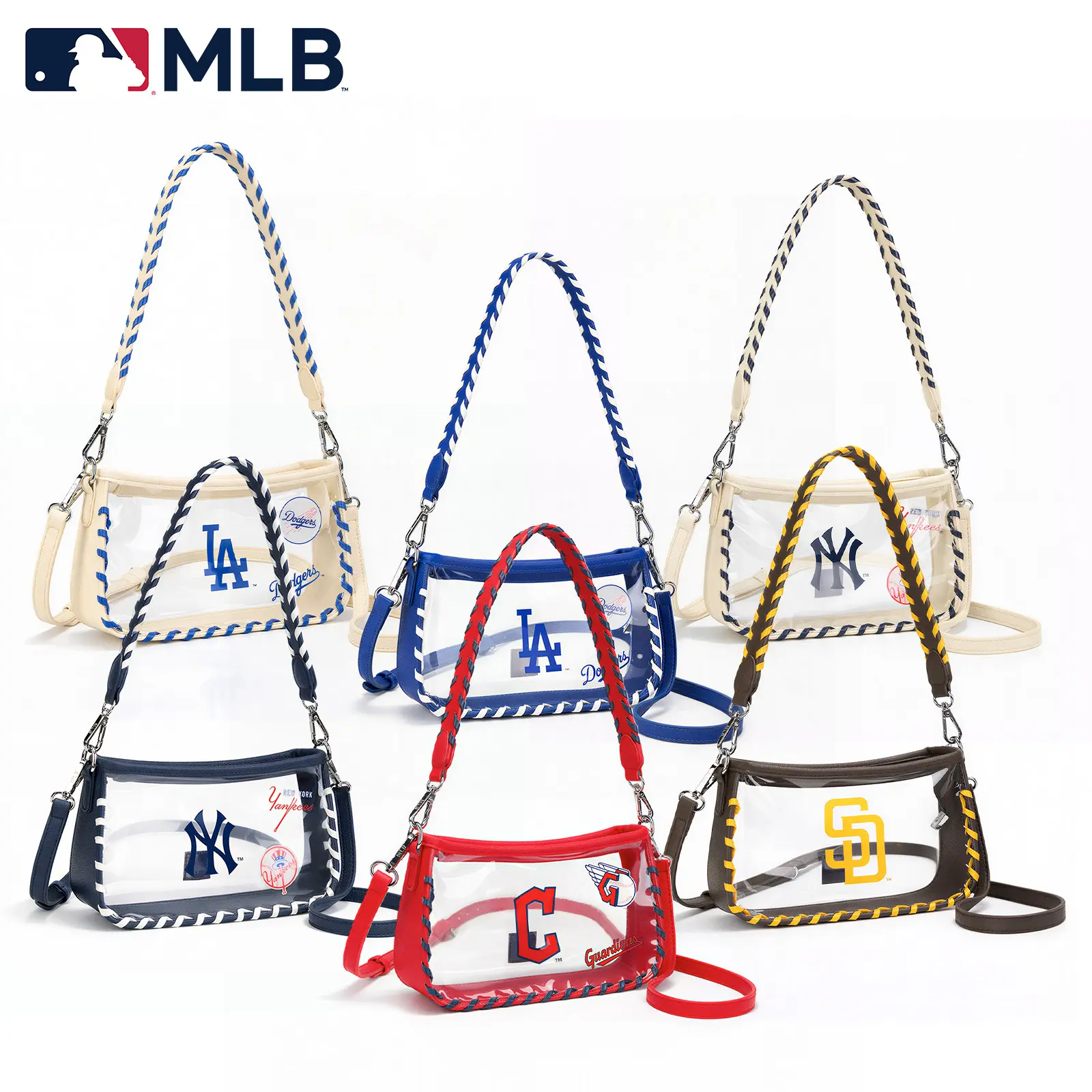 MLB Clear Shoulder Bag for Game Day Essentials & Casual Fan Gear, Transparent PVC Purse with Detachable Braided Handle and Long Strap, Fashion Handbag for Stadium, Travel, School & Everyday Use, 124