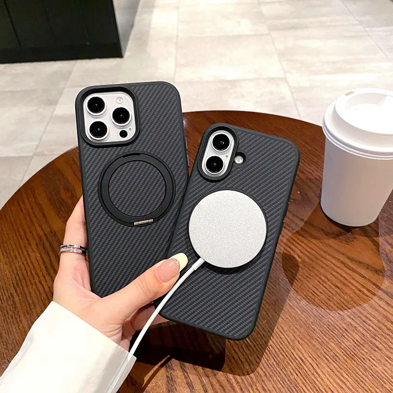 Sleek Carbon Fiber MagSafe Phone Case, Built-in 360° Rotating Magnetic Ring Kickstand, Anti-Slip Shockproof Shell for Wireless Charging, Must-Have Practical Accessory for Travelers, Office Ladies & Streaming Creators protective