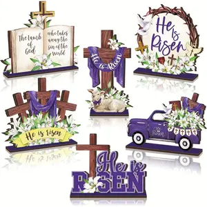 He Is Risen Desktop Decoration, Country Style Cross Wooden Center Piece, Farmhouse Christian Easter Table Sign for Office Desk