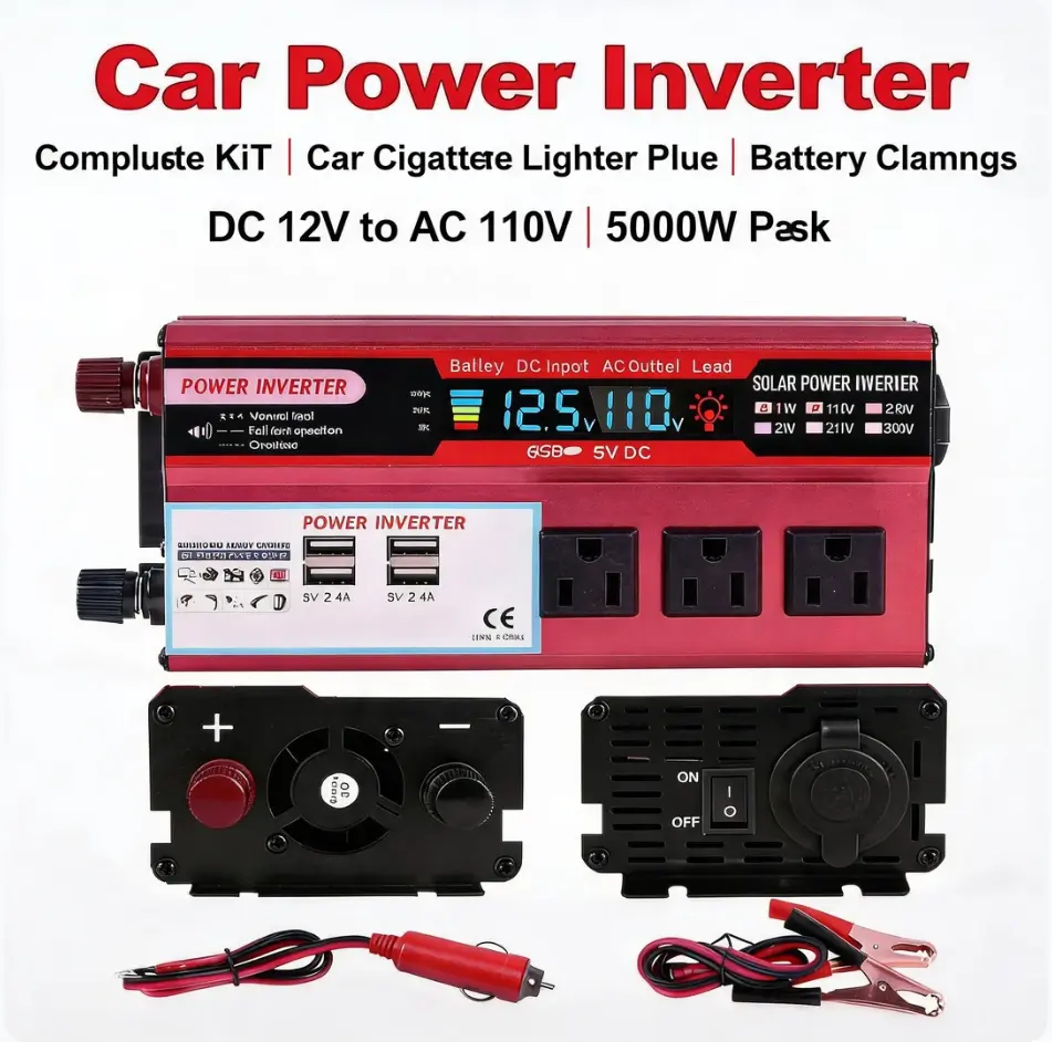 Automotive Power Inverter 5000W Peak DC12V Convert to AC110V Portable Car Voltage Transformer Multiple AC Sockets Fast Charge USB Ports Power Supply for Road Trip RV Camping Truck Outdoor Emergency Device Charging