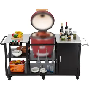 Grill Table for Big Green Egg Style BBQ Heavy Duty Outdoor Grill Station Prep Table with Storage, Garbage Bag Holder, Hooks, Paper Towel Rack, Wheels