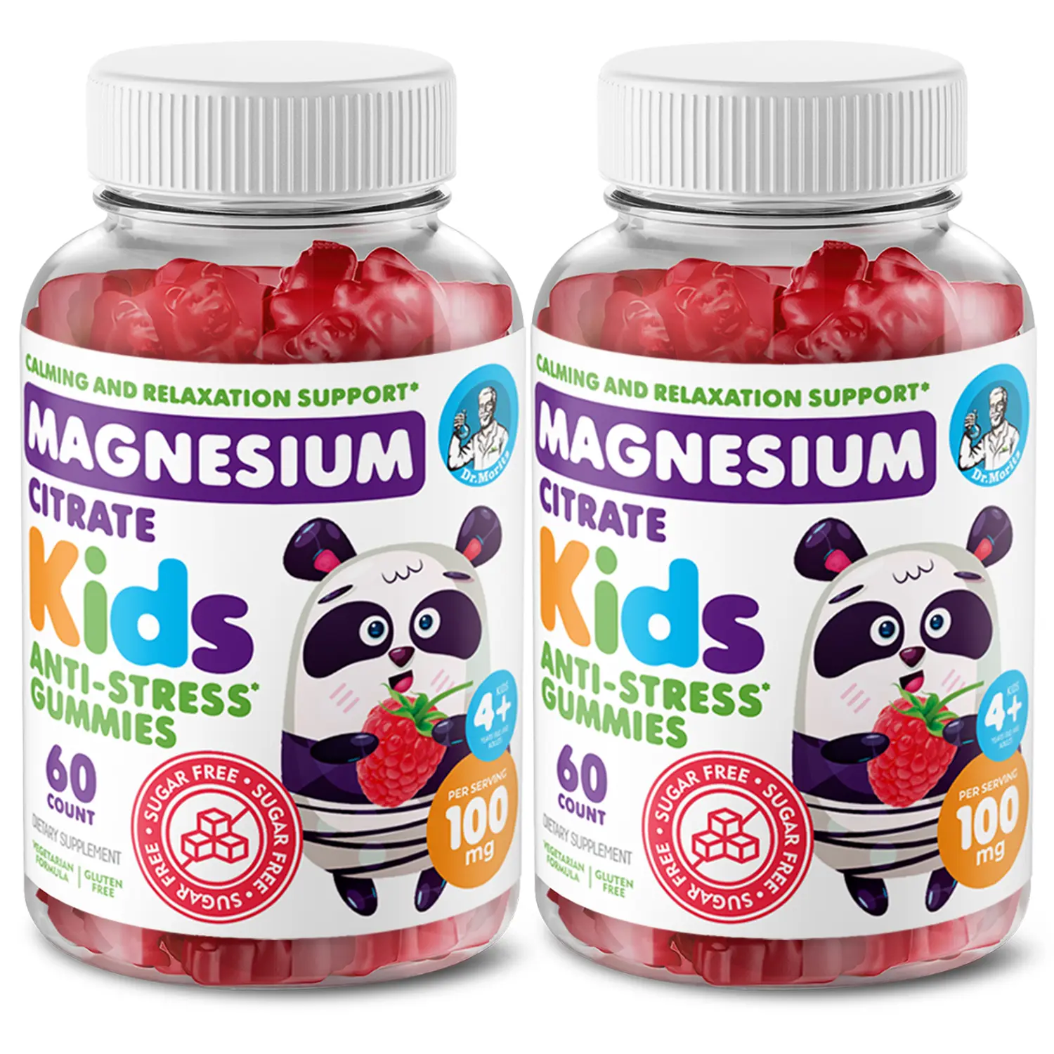 DR. MORITZ Sugar-Free Calm Magnesium Gummies for Kids 4+ & Adults - Non-GMO Raspberry Flavor 100mg Citrate 2-Pack 60 Count