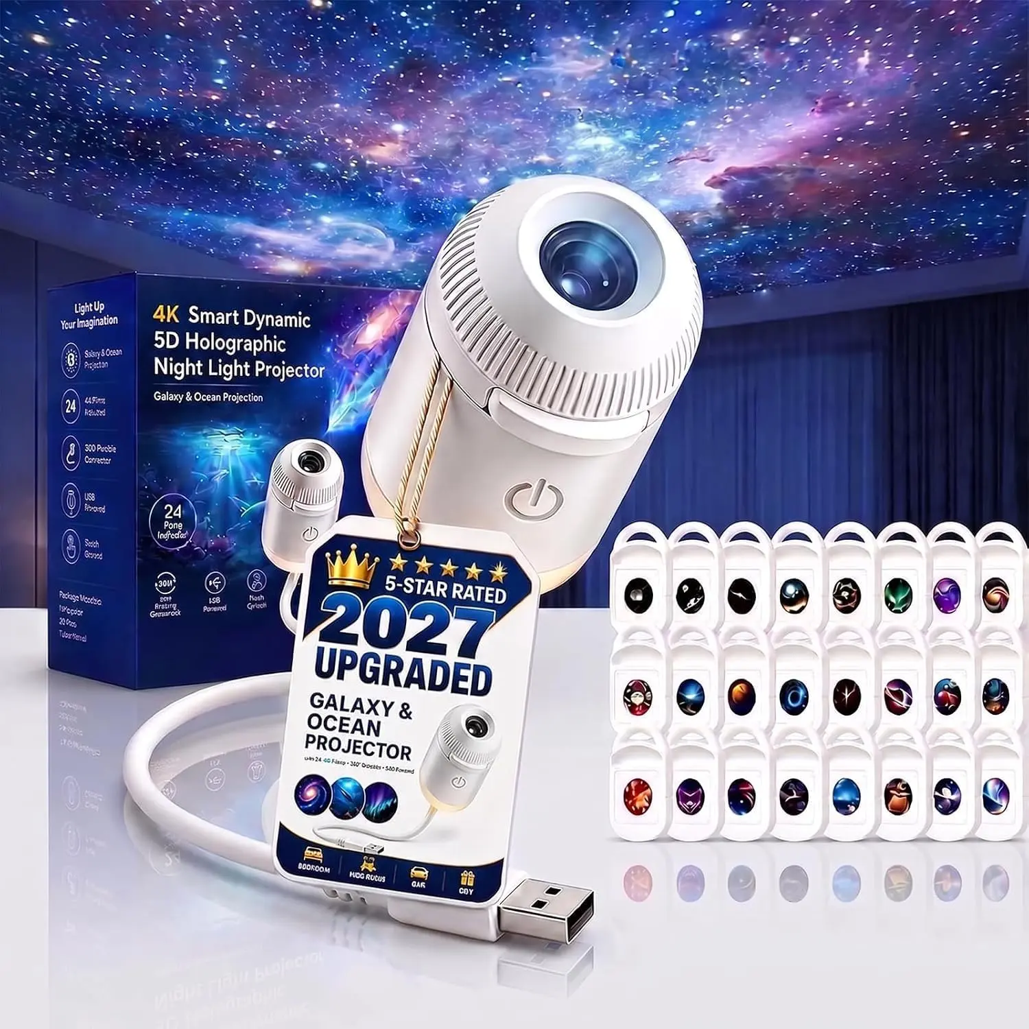2027 Upgraded Hd Smart Dynamic 5d Holographic Night Light Projector, Plug and Play Hd Star Projector, 360° Adjustable Galaxy and Ocean for Bedroom Ceiling