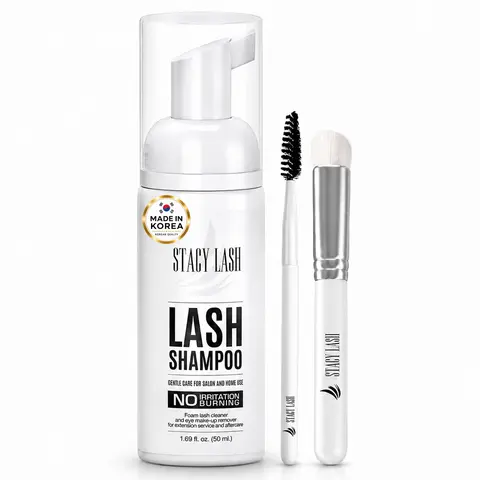 STACY LASH Cosmetic Eyelash Shampoo 50ml Foaming Gentle Wash + Cleansing Brush | Makeup Remover for Extensions & Natural Lashes Kit Mascara Cleanser