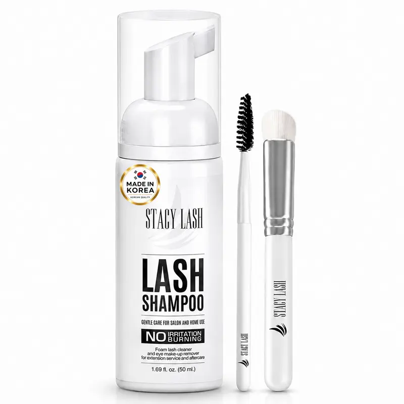 STACY LASH Cosmetic Eyelash Shampoo 50ml Foaming Gentle Wash + Cleansing Brush | Makeup Remover for Extensions & Natural Lashes Kit Mascara Cleanser