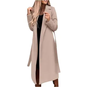 Women’s Winter Coat – Long Oversized Casual Wool Blend Trench Coat with Notched Lapels, Belted, Full-Length Jacket