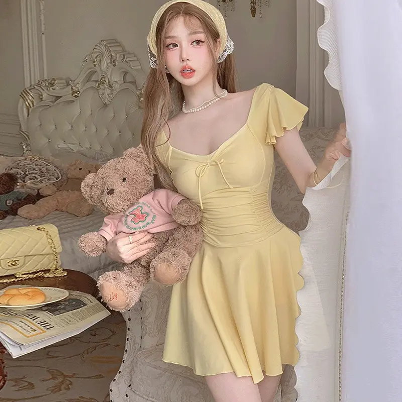Conservative Swimsuit for Women, Skirted One-Piece, Solid Color, Sweet and Slimming, Body-Shaping, Tummy-Hiding, Suitable for Students and Hot Springs