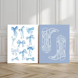 2pcs Western Style Wall Art Set, Cowboy Boots Poster, Festive Bows Art Prints, Blue Shades Home Decor, Modern Wall Paintings, Minimalist Canvas Posters Wall Arts, Decor for Living Room, Restaurant, Kitchen, Bedroom, Housewarming Gift, With Frame, Artistic