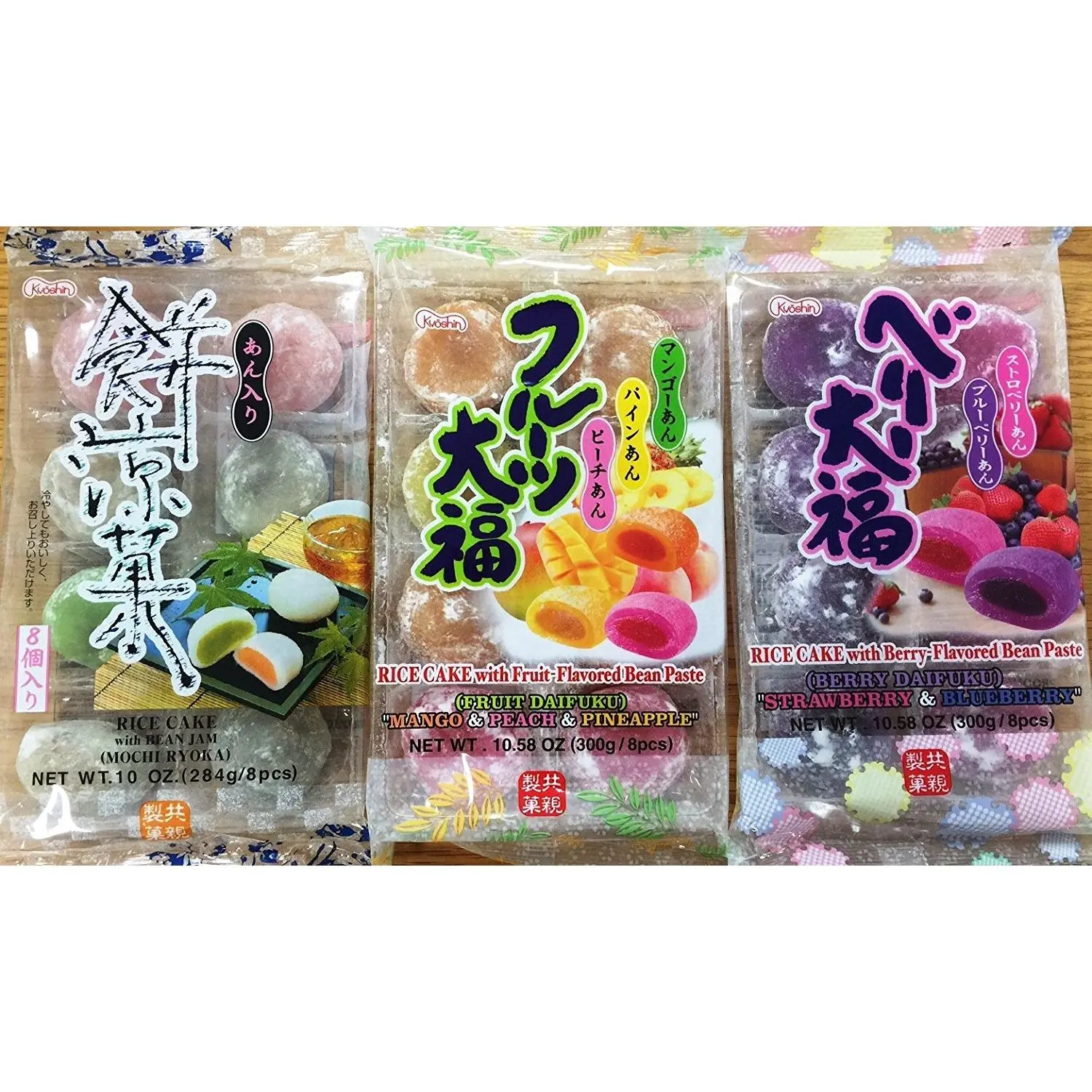 Japanese Flavor Mochi Strawberry  Blueberry, Mango  Peach  Pineapple, Bean Jam Rice Cake Mochi Sampler  8 Count (3)
