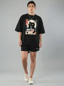 Vintage Japanese Ramen Black Cat Graphic T-Shirt, 100% Cotton Oversized Casual Tee, Retro Ukiyo-e Style Anime Cat Eating Ramen Top, Y2K Aesthetic Streetwear Short Sleeve for Men Women, Cute Cat Lover Gift Tshirt